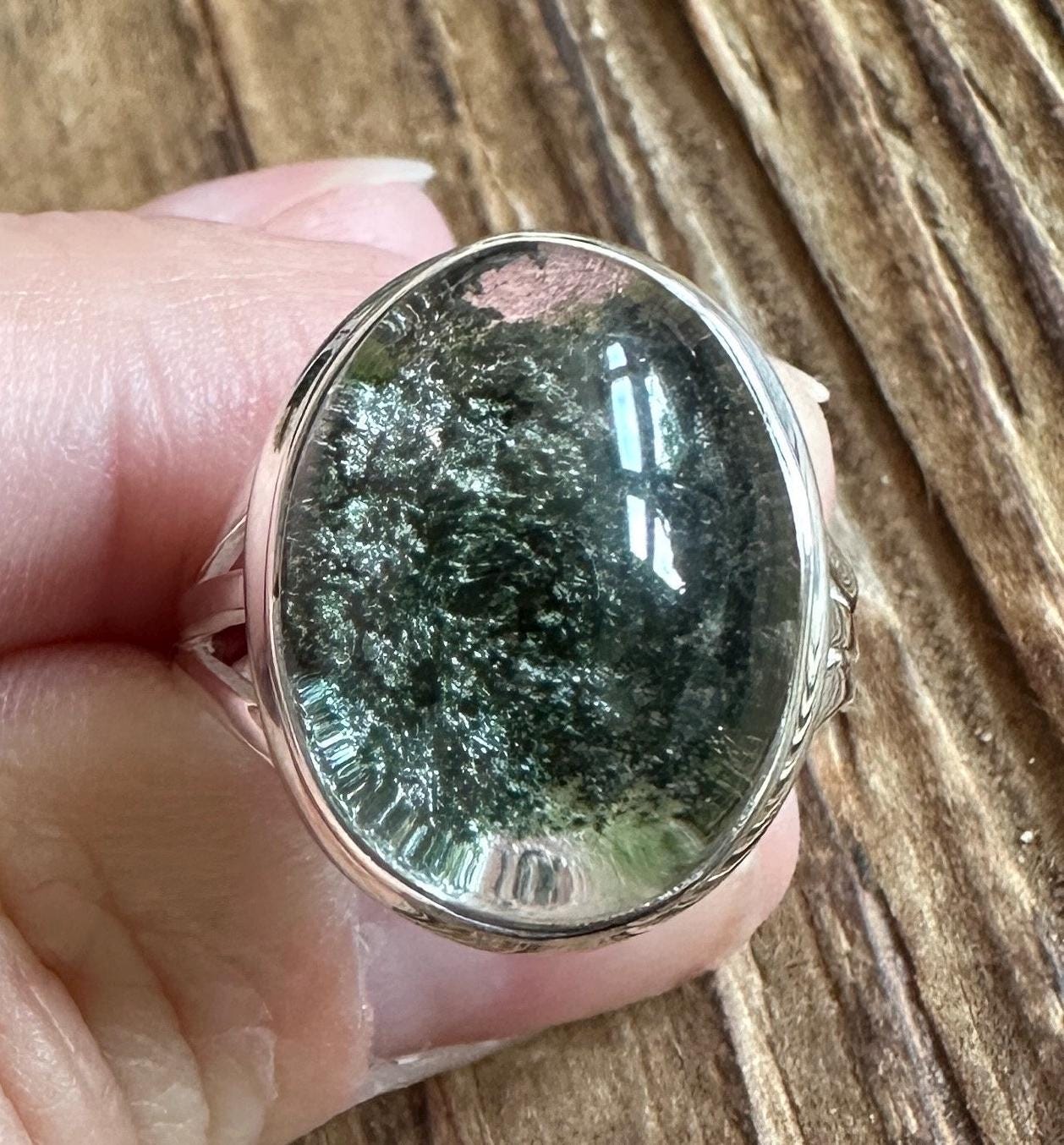 Green Lodolite Sterling Silver Ring, Size 8.5, Scenic Garden Quartz Gemstone, Natural Stone Jewelry