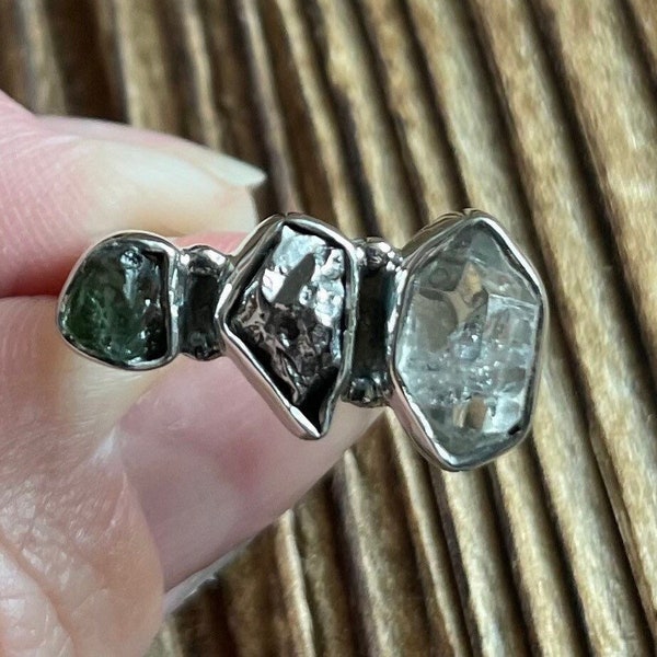 Moldavite, Herkimer Diamond & Campo Del Cielo Meteorite Sterling Silver Ring, Size 6, New York USA Gem, Natural Stone Jewelry