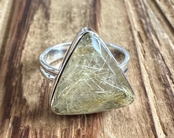 Gold Rutilated Quartz Sterling Silver Ring, Size 8, Faceted Statement Gem, Natural Gemstone Jewelry