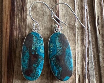 Chrysocolla Sterling Silver Oval Dangle Earrings, Natural Gemstone Jewelry