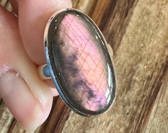 Labradorite Sterling Silver Ring, Size. 7, Purple Orange Flash Gem, Natural Gemstone Jewelry