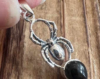 Black Onyx Sterling Silver Pendant, Teardrop Pear Gem, Animal Halloween Arachnid Design, Natural Gemstone Jewelry, Handmade Artisan Piece