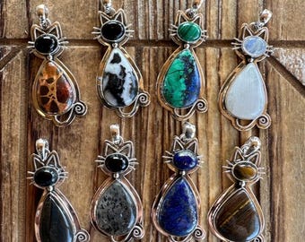 Choice-Gemstone & Sterling Silver Kitty Cat Pendant, Handmade Artisan Piece, Natural Gemstone Jewelry, Large Size Design