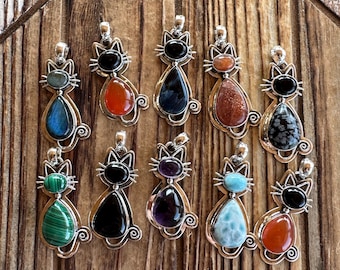 Choice-Gemstone & Sterling Silver Kitty Cat Pendant, Handmade Artisan Piece, Natural Gemstone Jewelry