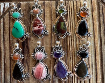 Choice-Gemstone & Sterling Silver Kitty Cat Pendant, Handmade Artisan Piece, Natural Gemstone Jewelry, Medium Size Design