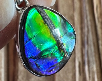 Ammolite Sterling Silver Pendant, Blue Purple Green Gemstone, Rare Fossil Gem, Natural Stone Jewelry