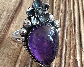 Incredible Amethyst WITH RAINBOW Sterling Silver Artisan Ring, Size 10, Floral Flower Design, Natural Gemstone Jewelry, February Birthstone
