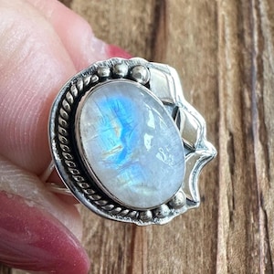 Rainbow Moonstone Sterling Silver Ring, Size 7.25, Blue Orange Flash Oval Gem, Crescent Moon Design, Natural Gemstone Jewelry