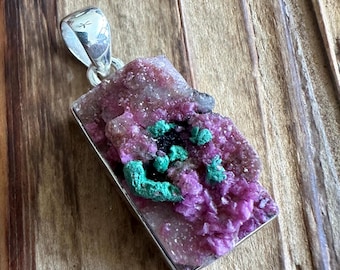Cobalto Calcite Drusy with Malachite Sterling Silver Pendant, Cobalt Druzy Gem, Natural Gemstone Jewelry