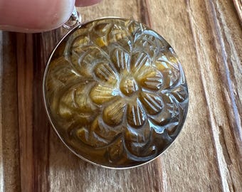 Carved Tigers Eye Sterling Silver Pendant, Hand Carving Floral Flower Design, Natural Gemstone Jewelry, Handmade Artisan