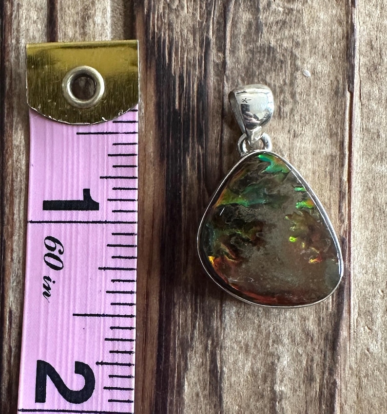 May include: A silver pendant with a teardrop-shaped iridescent opal stone. The stone has shades of green, brown, and gold. The pendant is approximately 1 inch in length.