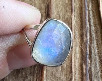 Faceted Rainbow Moonstone Sterling Silver Ring, Size 6, Blue Flash Gem, Natural Stone Jewelry