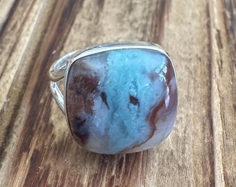 Aqua Chrysoprase Sterling Silver Ring, Size 7.5, Rare African Gem, Green White Gemstone, Natural Stone Jewelry