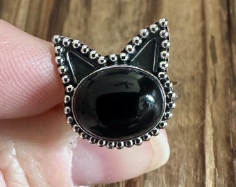 Black Onyx Sterling Silver Kitty Ring, Size 8, Feline Cat Kitten Design, Natural Gemstone Jewelry, OOAK