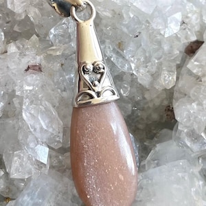 Peach Moonstone Sterling Silver Pendant, Sparkly Gemstone, Artisan Piece