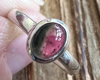 Watermelon Tourmaline Sterling Silver Ring, Size 8.5, Pink Green Gem, Oval Solitaire Gemstone, Natural Stone Jewelry, Artisan Handmade