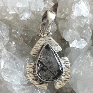 Black Tourmaline Tourmilated Quartz Sterling Silver Pendant, Natural Gemstone Jewelry