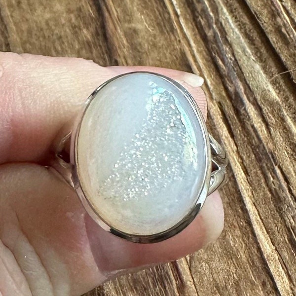Angel Aura Drusy Quartz Sterling Silver Ring, Size 8.5, White Rainbow Gem, Sparkly Oval Gemstone, Natural Stone Jewelry