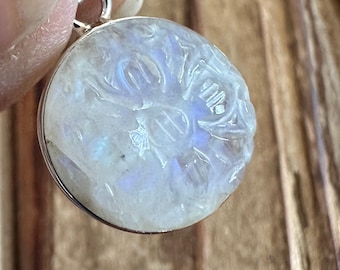 Carved Rainbow Moonstone Sterling Silver Petite Pendant, Floral Flower Design, Blue Flash Gem, Natural Gemstone Jewelry
