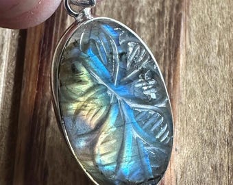 Carved Labradorite Sterling Silver Pendant, Hand Carved Floral Design, Blue Orange Yellow Flash Gem, Natural Gemstone Jewelry
