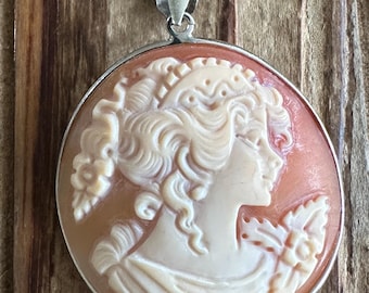 Italian Shell Cameo Sterling Silver Pendant, Lady Profile, Hand Carved