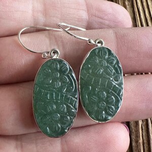 Carved Aventurine Dangle Earrings, Flower Floral Design, Green Gems, Natural Gemstone Jewelry, Hand Carvings, Oval Drops