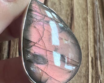 Labradorite Sterling Silver Statement Pendant, Purple Pink Flash Gem, Natural Stone Jewelry