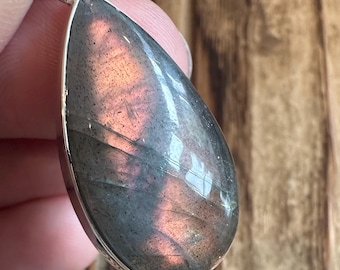 Labradorite Sterling Silver Pendant, Purple Orange Flash Gem, Natural Stone Jewelry