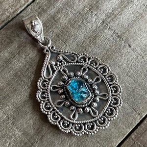 Neon Blue Apatite Sterling Silver Pendant, Madagascar Gem, Rough Raw Gemstone, Artisan Detailed Piece