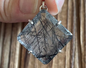 Faceted Tourmilated Quartz Sterling Silver Statement Pendant, Black Tourmaline Rutile Gem, Rutilated Gemstone, Natural Stone Jewelry