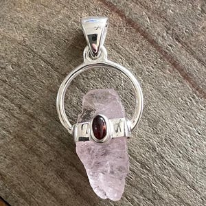 Morganite & Garnet Sterling Silver Pendant, Raw Rough Pink Gemstone, Natural Stone Jewelry
