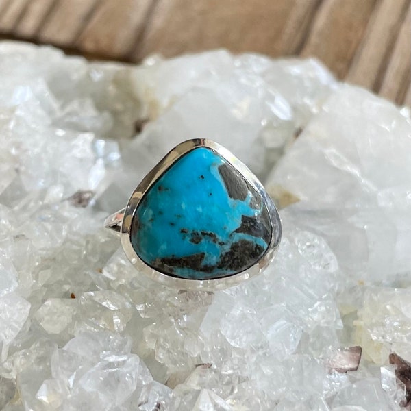Blue Turquoise Sterling Silver Ring, Size 8.5, Morenci Mine Gem, Arizona USA Gemstone, Natural Stone Jewelry, FREE SHIPPING