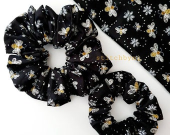 Sparkling Bee Scrunchie, XXL or Small Size. Bee scrunchies collection, glitter bee, bumblebee, scrunchie for teens, XXL Scrunchies Australia