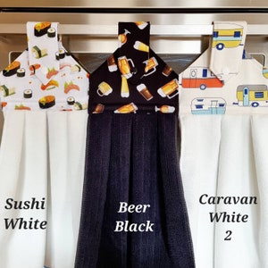 Hanging Hand Towel, Loop Hand Towel for Oven door, Kitchen, Laundry, Bathroom, Caravan, Boat, BBQ Area. Tea towel. Sushi, Beer, Caravan.