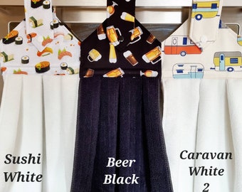 Hanging Hand Towel, Loop Hand Towel for Oven door, Kitchen, Laundry, Bathroom, Caravan, Boat, BBQ Area. Tea towel. Sushi, Beer, Caravan.