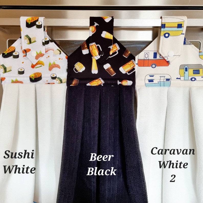 Hanging Hand Towel, Loop Hand Towel for Oven door, Kitchen, Laundry, Bathroom, Caravan, Boat, BBQ Area. Tea towel. Sushi, Beer, Caravan. image 1