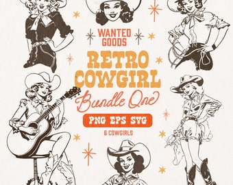 Retro Cowgirl Clipart Bundle: Vintage Western Graphics (PNG, SVG, EPS) (Digital Download)