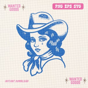 Sad Cowgirl Retro Clipart | Retro Cowgirl Graphics | Vintage Cowgirl PNG SVG Vector | Retro Cowboy Sublimation | Retro Cowboy Clipart