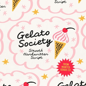 Könnte beinhalten: Ein sich wiederholendes Muster mit dem Text Gelato Society und Smooth Handwritten Script in Schwarz, begleitet von Illustrationen von Eiswaffeln mit Kirschen, rosa Wolkenumrissen und gelben Sternen auf weißem Hintergrund.