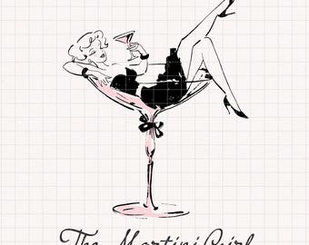 Op de afbeelding: Een zwart-witte illustratie van een persoon die in een martini-glas zit. De persoon houdt een martini-glas in de hand. De tekst "The Martini Girl" staat onder de afbeelding.