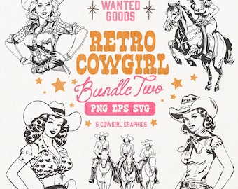 May include: A set of five retro cowgirl illustrations in black and white. The illustrations feature cowgirls in various poses, including riding a horse, standing with their hands on their hips, and holding a lasso. The illustrations are in a vintage style and would be perfect for use in a variety of projects, such as scrapbooking, card making, and digital design.