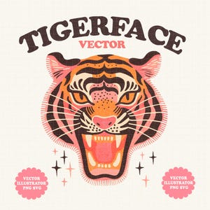 May include: A vector illustration of a tiger face with a retro style. The tiger has orange and black stripes, a pink nose, and a wide open mouth with sharp teeth. The text "Tigerface Vector" is above the tiger.