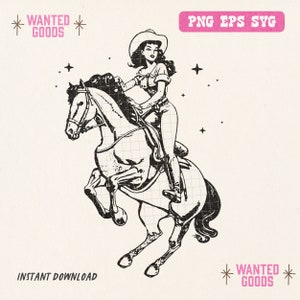 Retro Rodeo Cowgirl Clipart | Retro Cowgirl Graphics | Vintage Cowgirl PNG SVG Vector | Retro Cowboy Sublimation | Retro Cowboy Clipart
