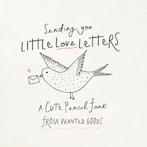 Può includere: Un disegno a linee in bianco e nero di un uccello in volo che porta una piccola busta nel becco. Il testo recita: Sending you LITTLE Love LetTERS, A CUTE Pencil font, FROM WANTED GOODS. Un piccolo cuore rosa si trova vicino all'uccello.