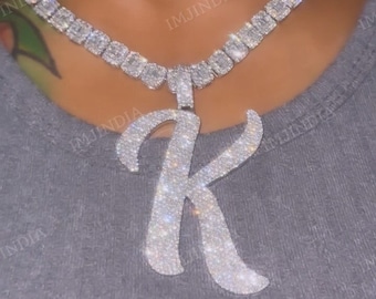 K Letter Pendant, Iced Out Letter Pendant, Custom Hip Hop Pendant, VVS1 Moissanite, Custom Pendant in 925 Silver