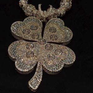 Custom Fully Iced Out Clover Leaf Pendant VVS Moissanite Diamond Round Diamond, 925 Sterling Silver 3 inch