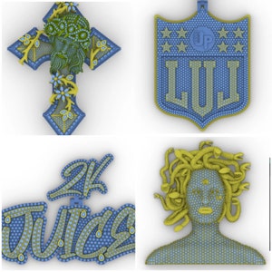 May include: Four different pendants made of blue and yellow stones. The pendants are a cross with a face, a shield with stars and the word "LULI", a word that says "24K JUICE", and a Medusa head.