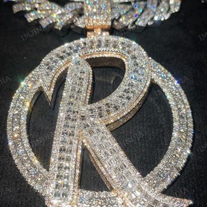 Custom &quot;R&quot; Letter Pendant, Iced Out Alphabet Letter Pendant, Hip Hop Pendant, Initial Pendant, Iced Out Jewelry, VVS1 Moissanite, 925 Silver