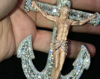 Iced Out Smaragd Cut Kreuz mit Anker, Custom Hip Hop Anhänger für Männer, Hip Hop Schmuck, Iced Out Kreuz, Moissanite Anhänger, Rapper Anhänger
