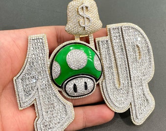 Iced Out One-Up Mario Pendant, Custom Cartoon Pendant, Enamel Pendant, VVS1 D Baguette Moissanite Pendant, Two Tone Iced Out Pendant For Men
